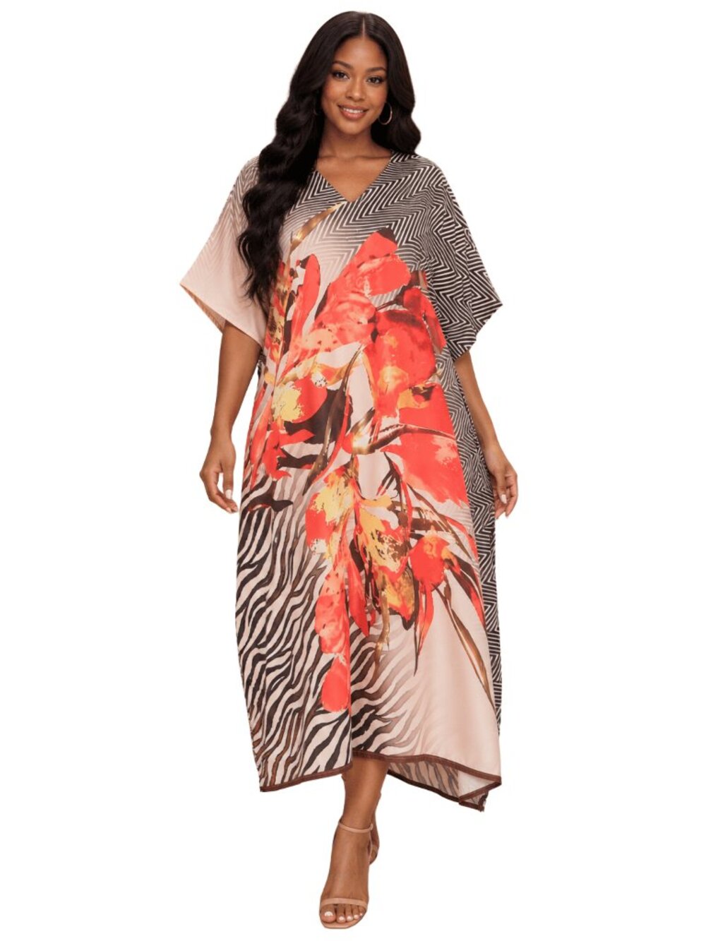 Floral Printed Plus Size Caftan Dress V-Neck Maxi Beach Cover Up for Women